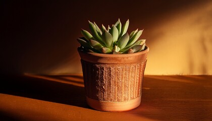 Succulent In Grooved Pot Under Dramatic Shadows And Warm Light