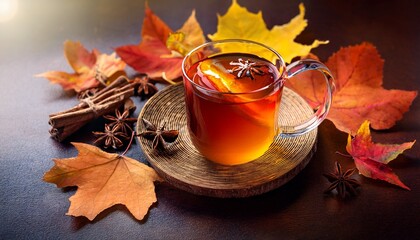 Warm Autumnal Drink With Spices And Autumn Leaves