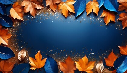 Vibrant Orange And Blue Autumn Leaves Forming A Border On A Dark Blue Background With Golden Glitter Creating A Festive Fall Atmosphere