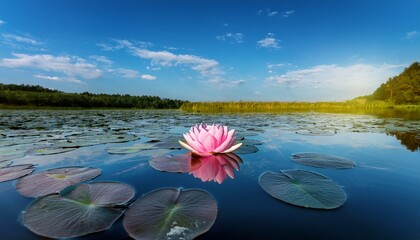 A Pink Flower Resting Atop A Tranquil Lake With Lily Pads In The Foreground And A Serene Blue Sky Overhead