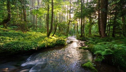 A Quiet Creek Winding Through A Dense Forest