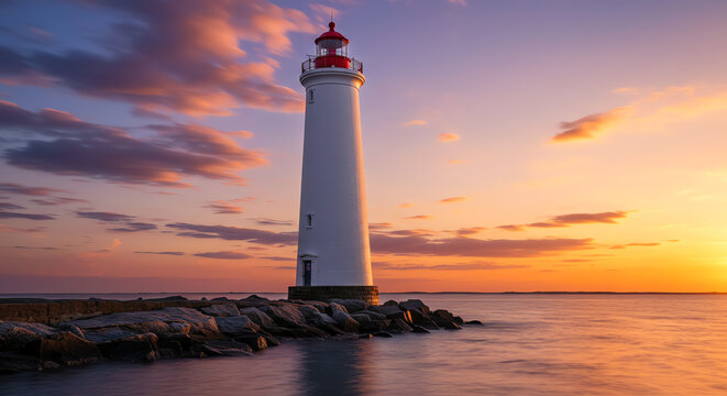 Lighthouse on rocky coast at sunset