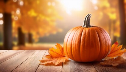 Harvest Pumpkin And Autumn Leaves On Wooden Floor With Natural Light