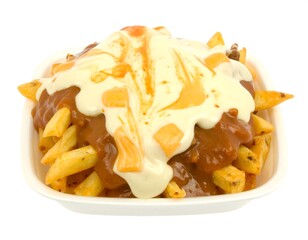 A square container of french fries topped with cheese sauce and a brown sauce