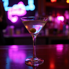 a glass cocktail glass (martini), clear, transparent, half‑filled with gin and olive, on a bar, side view, neon bar lighting, 8 k, gentle reflections
