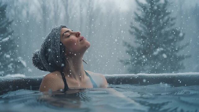 Woman relaxing in outdoor hot tub during snowfall in winter forest
