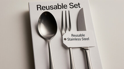 Reusable stainless steel cutlery set labeled reusable set on white background