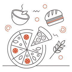 Delicious Italian pizza, tasty burger, and fresh salad with wheat stalks, modern flat line art illustration representing fast food and healthy eating concepts