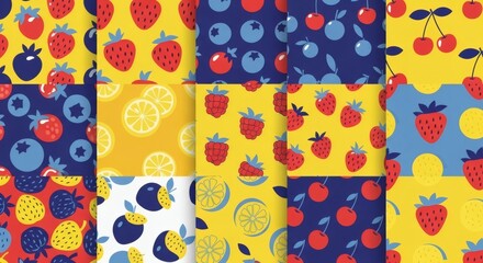 Set of Berries and Fruits Vector Seamless Patterns: Summer Fruit Backgrounds, Yellow, Blue, Red Colors, Illustration, Food, Healthy.







