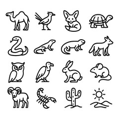 Fototapeta premium Desert creature and wildlife animal icons. Outline symbols. Line design
