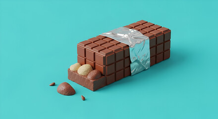 Obraz premium A surreal chocolate bar shaped like a building block on a turquoise background.