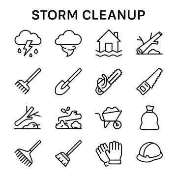Disaster cleanup and property restoration icons. Outline symbols. Line design