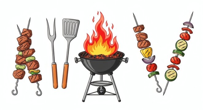 BBQ Party Time Vector Set: Portable Charcoal Grill with Fire, Meat Kebab, Vegetable Skewer, Barbecue Fork & Spatula, Hand Drawing, Food.