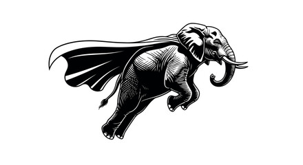 Black and white illustration of a superhero elephant with a flowing cape in mid-air on a white background