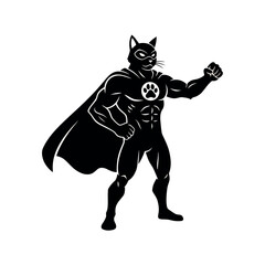 Black silhouette of a muscular superhero cat with a cape and paw print emblem on a white background black and white