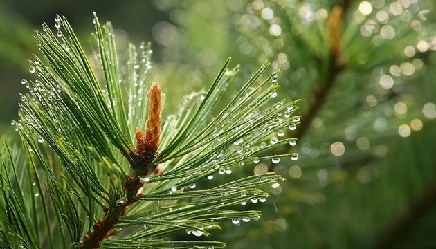 Close Up Of Pine Tree Needles N Vibrant Green Foliage With Dew Drops Pine Background For Plant Websites And Nature Photography High Quality Photography