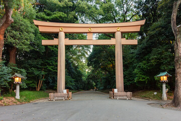 Torii gate leading to Meiji Shinto shrine in Shibuya, Tokyo, Japan