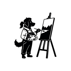 Dog wearing overalls and a beret painting a landscape on an easel with a palette and brush on a white background
