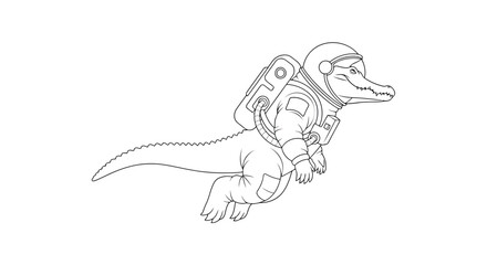 Outline Drawing of an Alligator in an Astronaut Spacesuit Floating in Space on White Background crocodile