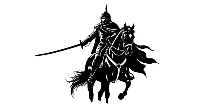 Silhouette of a medieval warrior on horseback holding a sword knight cavalry