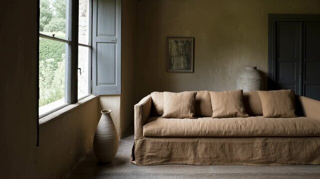 Sunlight gradually illuminates a cozy, wabi sabi style living room. A comfortable linen sofa sits on a wooden floor near an open window