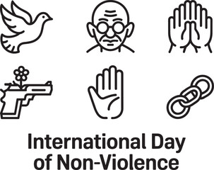 International Day of Non-Violence icons: dove, Gandhi, praying hands, flower gun, open hand, chain