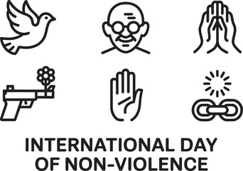 International Day of Non-Violence icons: dove, Gandhi, praying hands, flower gun, open hand, chain