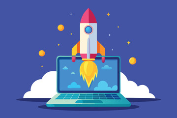 Rocket Launch From Laptop Screen Inspires Digital Startup Energy And Space Exploration In Blue Background Illustration