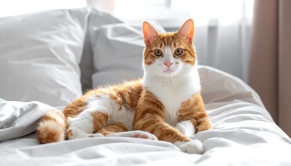 Orange and white cat on a bed