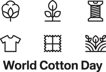World Cotton Day icons set, textile plant to finished fabric product, natural fiber production