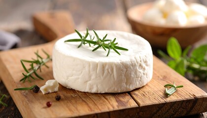 Round white cheese on wooden board