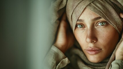 Muslim woman adjusting beige hijab in softly lit room, for cultural representation, modest fashion campaigns, and beauty care visuals, close-up portrait with natural tones, Middle Eastern ethnicity