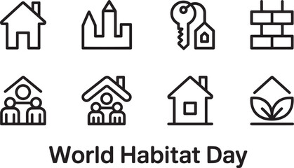 World Habitat Day, Shelter, Housing, Property, Sustainable Living, Urban Development Line Icons
