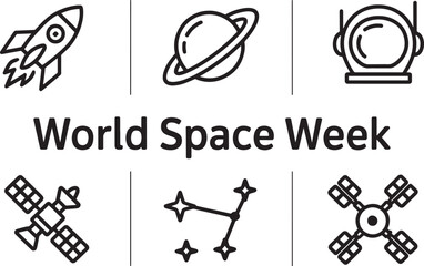 World Space Week line icons: rocket, planet, astronaut helmet, satellite, constellation, orbit