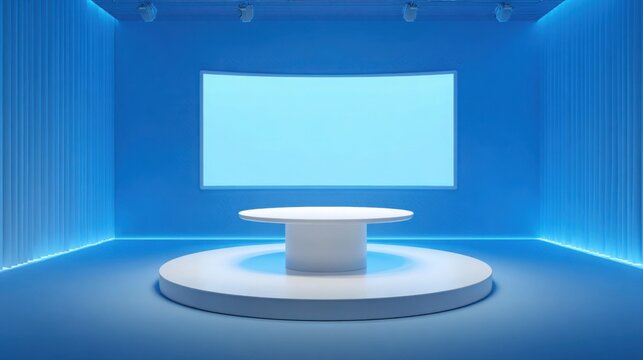 Blue News Studio: Modern White Table with LED Screen Background