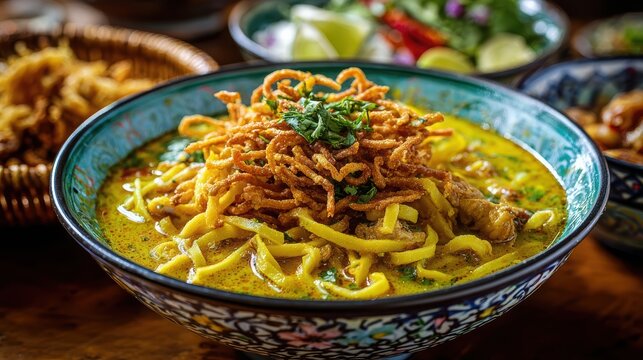 Authentic Culinary Delight: A vibrant bowl of khao soi, a creamy and flavorful northern Thai curry noodle soup, adorned with crispy noodles, herbs, and other appetizing toppings.
