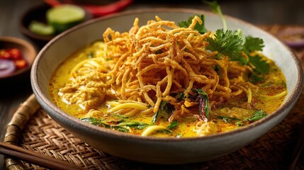 Khao Soi: A flavorful bowl of Khao Soi, a rich and aromatic Northern Thai noodle soup, beautifully presented, inviting the viewer to savor its delightful tastes.