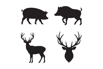 Silhouettes of wild boar and deer for hunting and nature themes