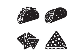 Simple black silhouette icons of tacos and nachos
