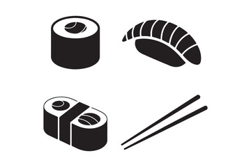 Simple black and white icons of sushi and chopsticks