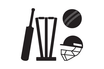 Cricket equipment silhouette icons bat ball wicket and helmet