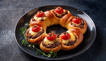 Stuffed Bread Ring With Beef Cheese And Tomatoes On Dark Plate