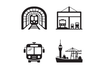 Set of four black and white transportation icons including a train bus and ship