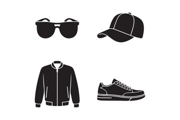 Stylish black silhouette icons of fashionable accessories and apparel