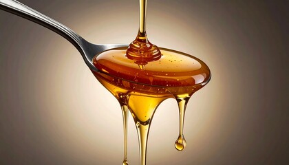 Close-up of spoon dripping amber-colored viscous liquid against dark blurred background