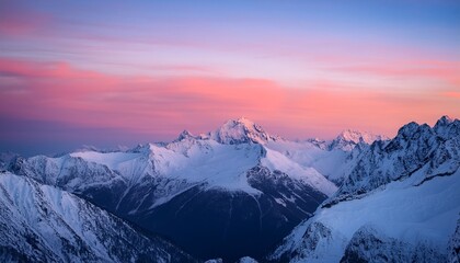 Obraz premium A Snowy Mountain Range At Dawn With A Pink Hued Sky