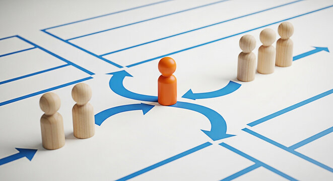 Orange figure leading wooden figures through a strategic path on a white background