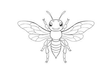 Cheerful cartoon bee line drawing with large wings happy expression insect animal