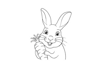 Cheerful cartoon rabbit holding a carrot in a simple line drawing bunny eating