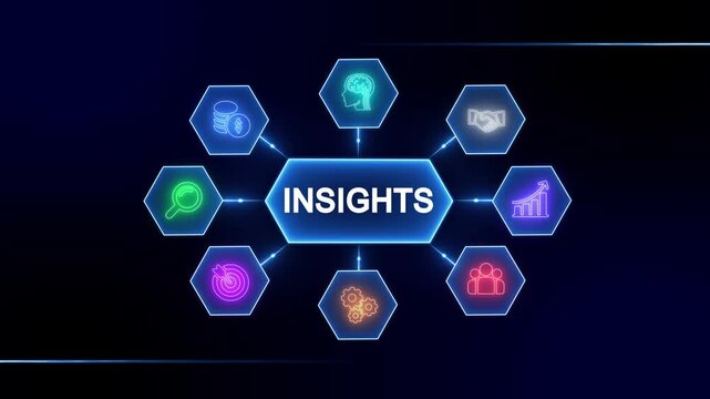 Digital network of glowing neon icons representing business insights data analysis strategy growth teamwork finance and innovation on a dark blue background with connecting lines and a central